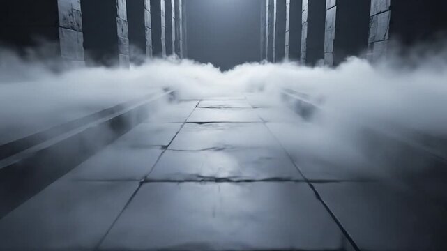 Ethereal Stone Corridor Filled With Thick Atmospheric Mist and Soft Backlit Moody Architectural Light Effects