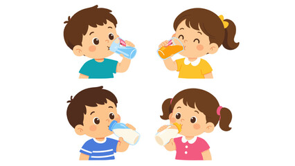 Fototapeta premium Cartoon children drinking water juice and milk in glasses and bottles