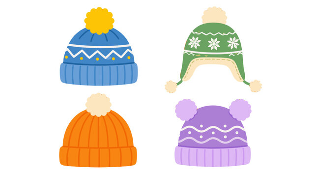 Set of colorful knitted winter hats isolated on white