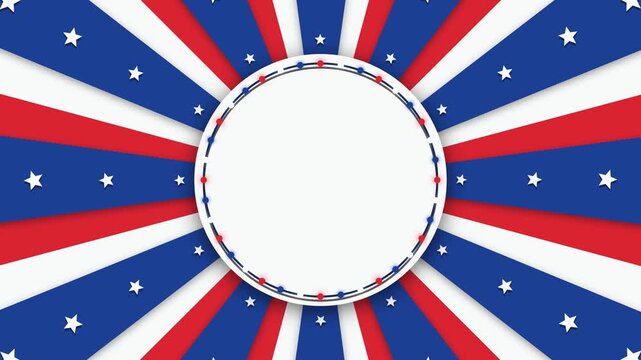 Patriotic USA background animation featuring red and blue sunburst rays with white stars rotating around a central blank circular copy space, perfect for American holiday templates