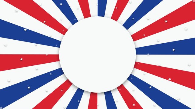 Patriotic USA background animation featuring red and blue sunburst rays with shimmering white stars around a central blank circular copy space, perfect for American holiday templates