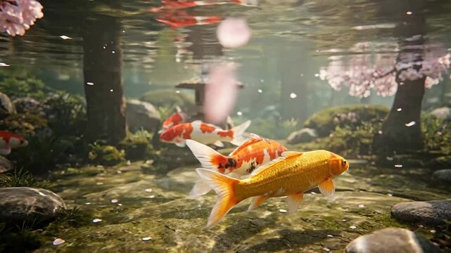 Colorful Koi Fish Swimming in a Peaceful Pond with Cherry Blossom Reflection
