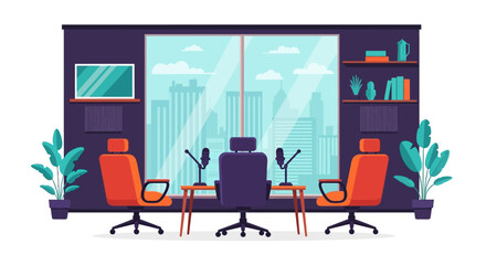 Fototapeta premium Modern Podcast Studio Interior Vector Illustration with Microphones and Professional City View