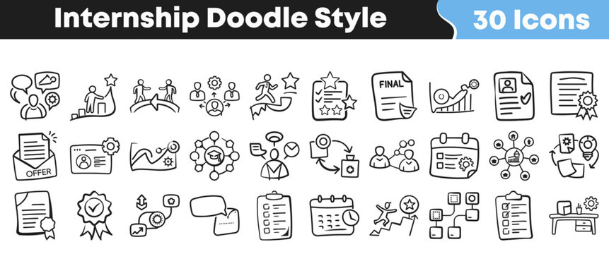 Collection of thirty hand drawn internship icons in doodle style