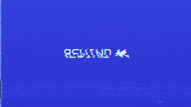 Retro vhs rewind blue screen with analog glitch and static distortion