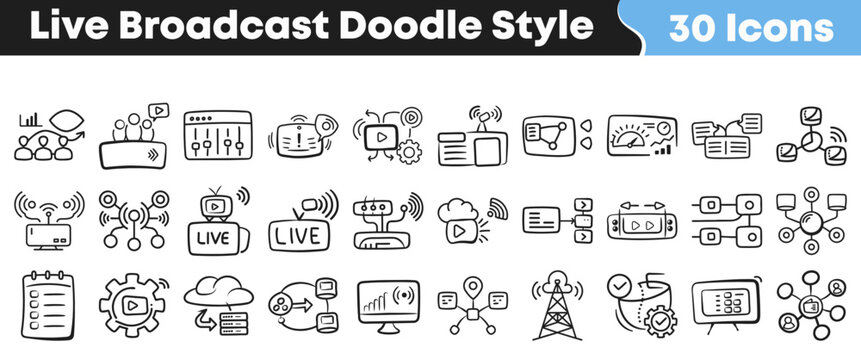 Hand drawn doodle style icons for live video broadcast streaming