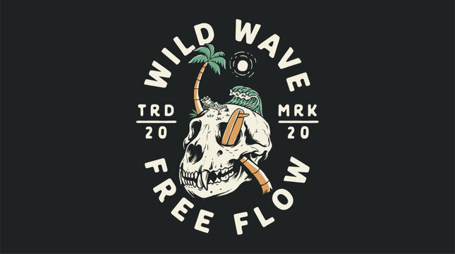 Beach club. Endless summer artwork. Tropical vintage design. Wild wave free flow. Skull surf adventure print for t shirt.
