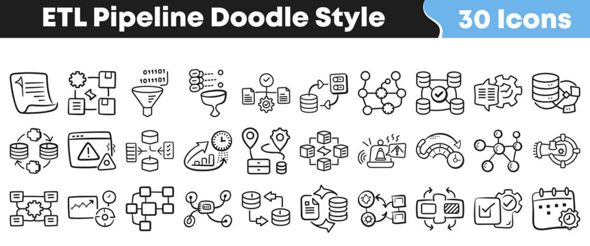 Set of thirty hand drawn doodle style etl pipeline icons