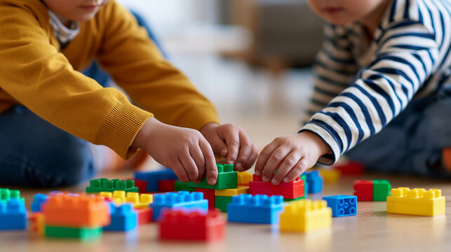Children playing with colorful building blocks in classroom