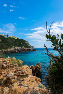 Panoramic view of Cala Es Canutells Bay on south Menorca Island, Spain