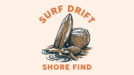 Surf drift shore find. Tropical vintage design for t shirt print. Sea turtle and surfboard beach artwork. © rahel lila