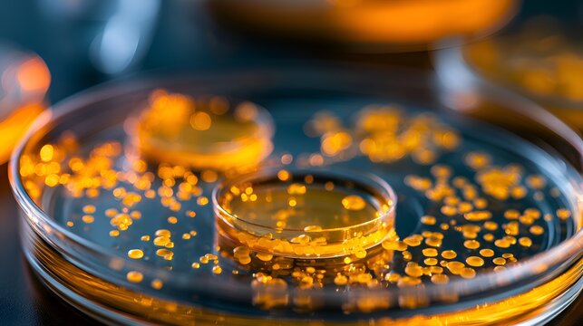 Vibrant orange bacterial colonies thriving in scientific petri dishes in a microbiology laboratory