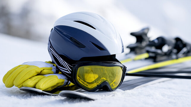 Ski helmet and goggles with gloves on snowy mountain slope