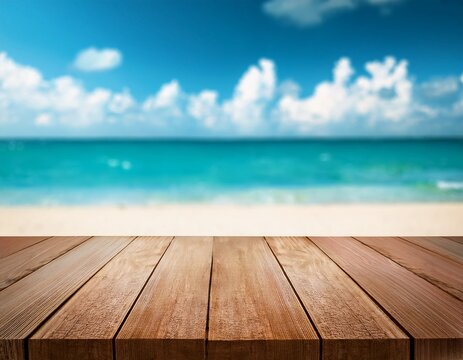 empty wooden table to display products front of blurred beach background beautiful design packshot showcase