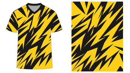 Bold yellow and black zigzag pattern applied to polo shirt and tee for a striking graphic look. © fire