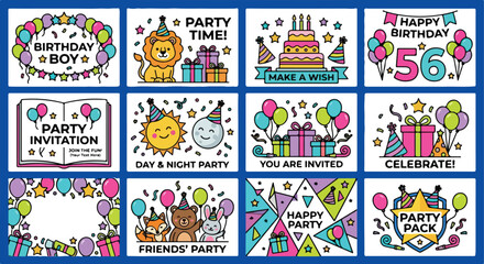 Obraz premium Set of 12 cute children's birthday party vector designs, bold thick black outlines.eps