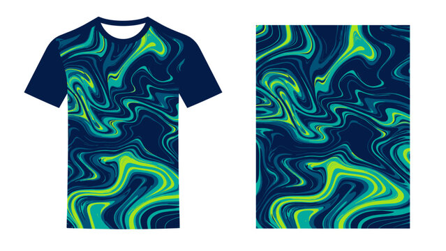 Abstract Neon Blue and Green Swirl Pattern T-Shirt Front and Back View for Hobbies and Leisure.
