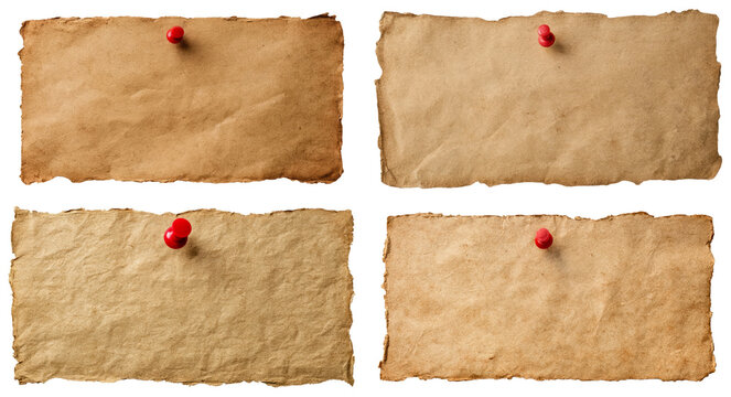 Four Old Paper Notes Pinned on White Background
