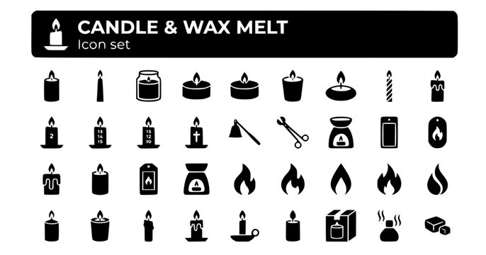 Candle Wax Melt Icon Set Pillar Taper Jar Candle Tealight Votive Advent Snuffer Wick Trimmer Dripping Wax Fragrance 25 Icons Flat Vector