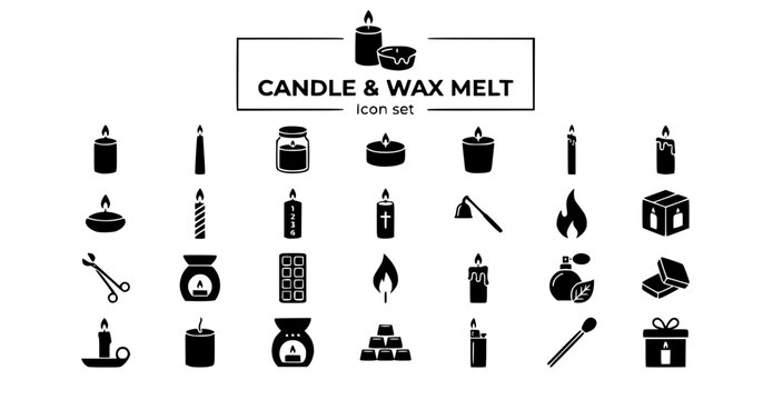 Candle Wax Melt Icon Set Pillar Taper Jar Candle Tealight Votive Advent Snuffer Wick Trimmer Dripping Wax Fragrance 25 Icons Flat Vector