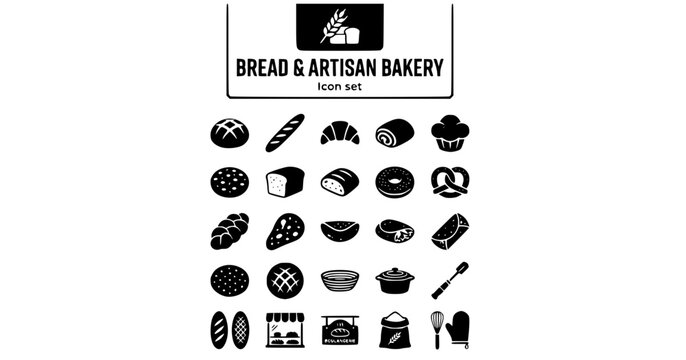 Bread Artisan Bakery Icon Set Sourdough Baguette Croissant Brioche Focaccia Rye Ciabatta Bagel Pretzel Challah Banneton Basket 25 Icons Flat Vector