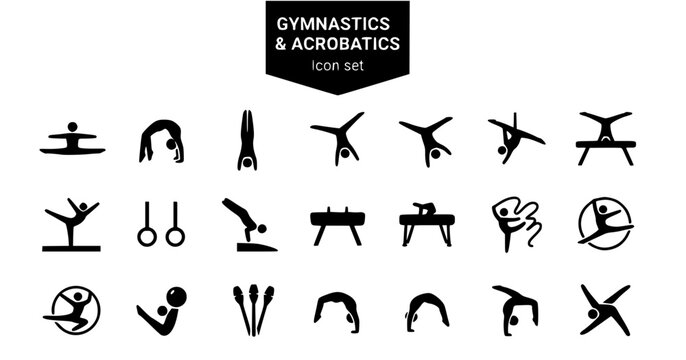 Gymnastics Acrobatics Silhouette Icon Set Floor Exercise Handstand Balance Beam Uneven Bars Vault Pommel Horse Rhythmic Ribbon 20 Movements Flat Vector