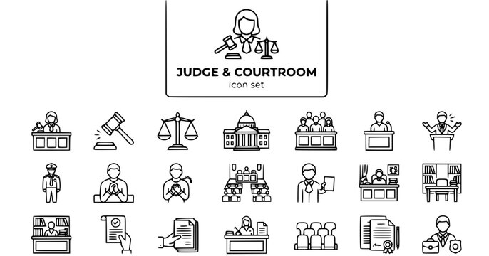 Judge Courtroom Outline Icon Set Gavel Scales Justice Courthouse Jury Witness Attorney Bailiff Verdict Law Library 20 Icons Editable Strokes