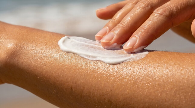 Hand applying sunscreen onto sun-kissed skin, extreme close-up of creamy texture showing hydration. Detailed shot emphasizes smooth protection, glowing healthy skin.