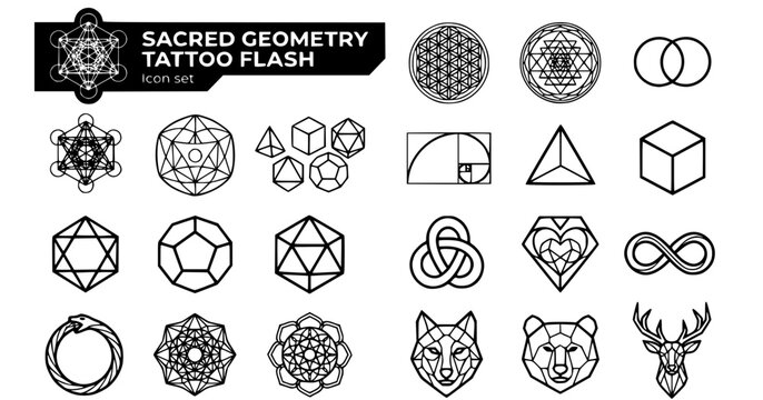 Sacred Geometry Tattoo Flash Outline Set Metatrons Cube Flower of Life Merkaba Torus Platonic Solids Ouroboros 20 Designs Editable Strokes