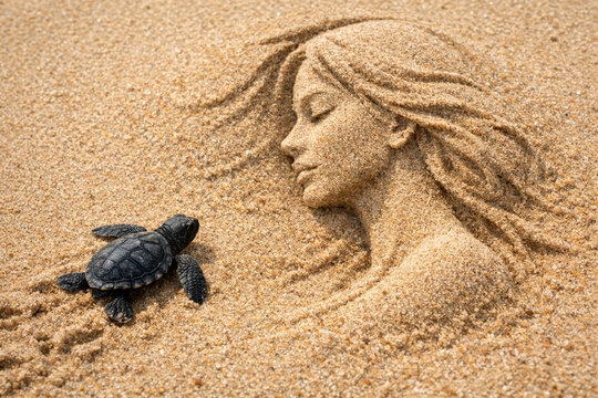 Young sea turtle crawling on sand beside an artistic human face sand sculpture, natural and creative scene perfect for ecology and artistic concepts