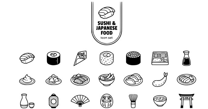 Sushi Japanese Food Outline Icon Set Nigiri Maki Temaki Ramen Bento Gyoza Edamame Matcha Sake Sashimi Tempura 25 Icons Editable Strokes