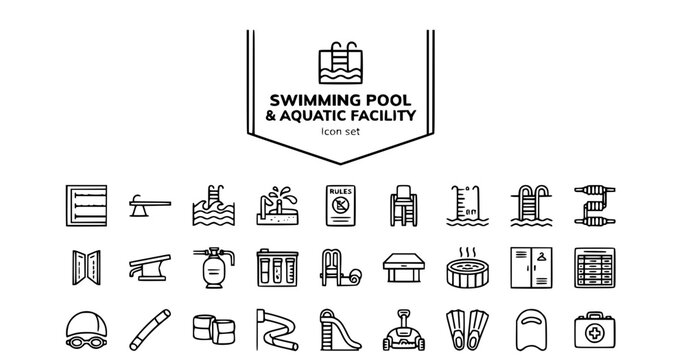 Swimming Pool Aquatic Facility Outline Icon Set Diving Board Lane Rope Lifeguard Chair Splash Hot Tub Swim Cap 25 Icons Editable Strokes