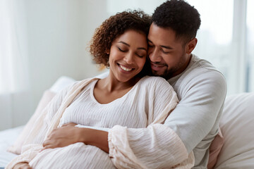 Obraz premium Happy pregnant couple relaxing together on a bed at home