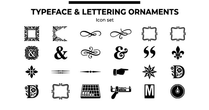 Typeface Lettering Ornament Icon Set Flourish Swash Drop Cap Ampersand Ornate Divider Dingbats Letterpress Type Case 20 Icons Flat Vector
