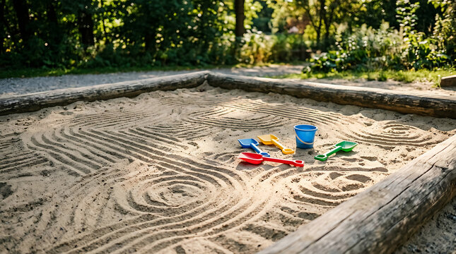 Brightly colored sandpit toys and raked patterns in a sunny outdoor playground setting