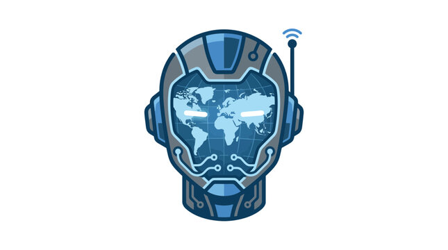 Futuristic robot head with globe projection, AI, technology, global network, connectivity