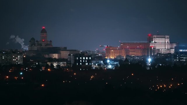 Panoramic Night Aerial of Bucharest with Parliament and Cathedral