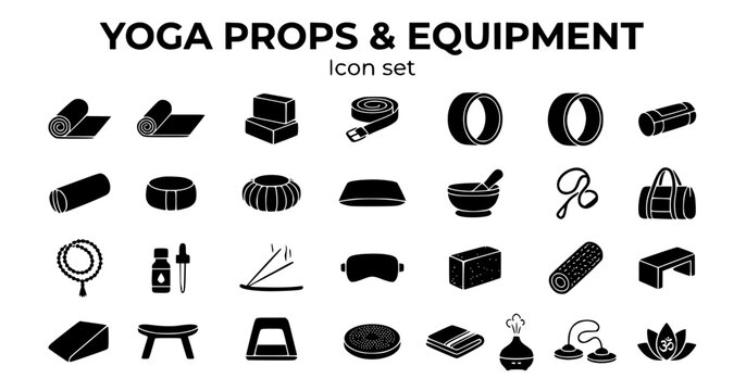 Yoga Props Equipment Icon Set Yoga Mat Block Strap Wheel Bolster Meditation Cushion Zafu Singing Bowl Mala Beads Foam Roller 25 Icons Flat Vector