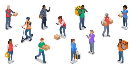 Fototapeta premium Delivery workers and couriers delivering packages and food orders to customers | Isometric vector illustration character set