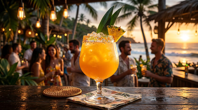 Exotic Orange Pineapple Daiquiri Cocktail Served at Tropical Beach Bar with People Socializing