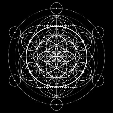 Flower of life, white Lotus Flower, Sacred Geometry Mandala, Seed of Life icon, esoteric or spiritual symbol. Mystical Logo design isolated on black background, vector illustration