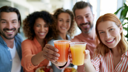 Obraz premium Friends toasting with colorful drinks in casual indoor gathering