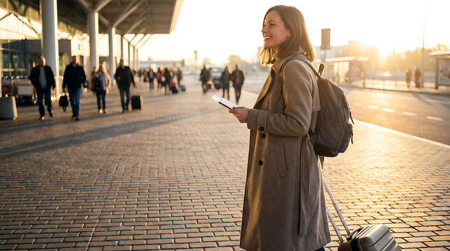 A smiling woman with a backpack and suitcase holds a passport outside an airport terminal at sunset