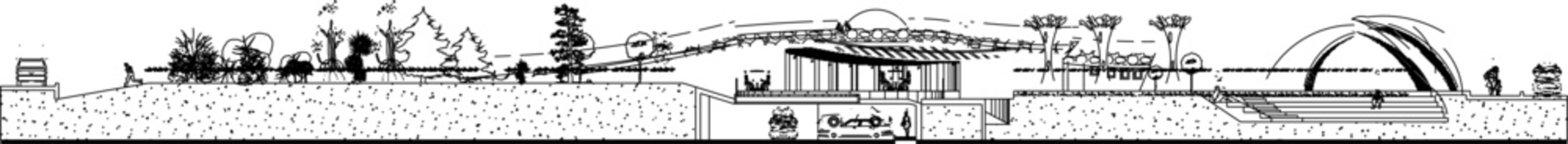 Technical architectural cross section blueprint of a modern urban botanical park showing underground road tunnel with cars and green public gardens with trees