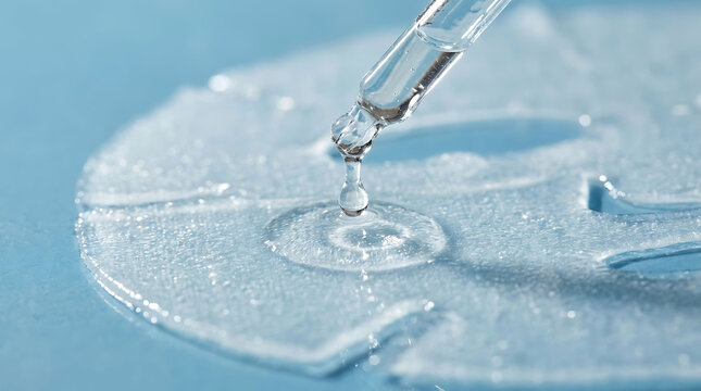 A pipette drops liquid serum onto a clear hydrogel facial sheet mask laid on a blue surface