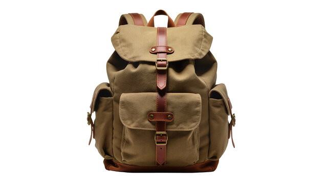 Canvas and Leather Backpack with Buckle Straps and Side Pockets