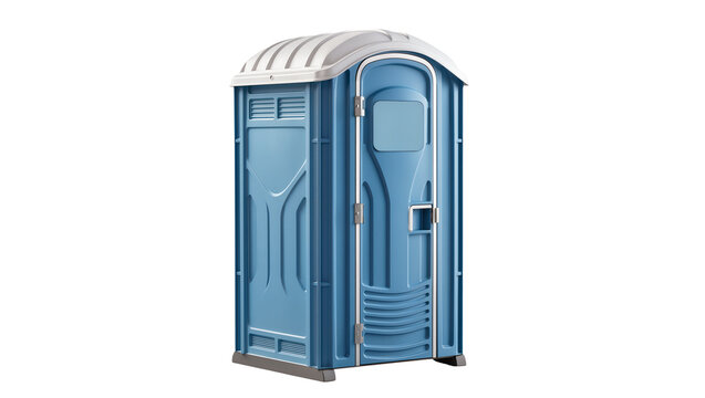 Blue portable toilet with white roof and gray base