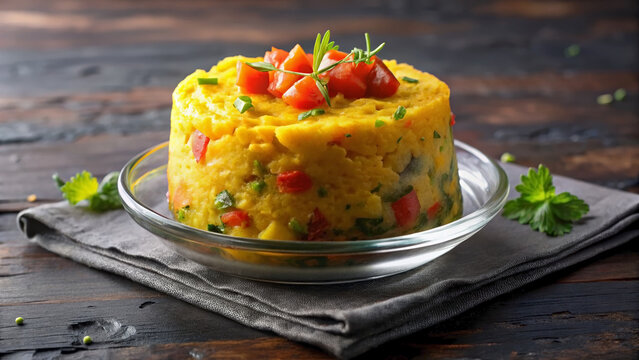 Mofongo bowl presented on dark wood, perfectly round in clear glass with herbs. Flavorful mofongo bowl features mashed plantains, garlic, diced tomatoes.