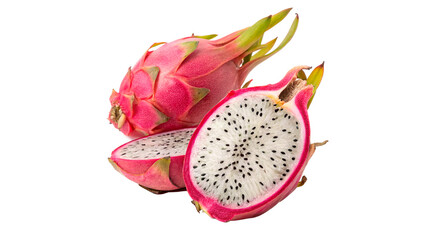 Obraz premium Fresh ripe dragon fruit pieces pitaya slices isolated on a transparent background exotic tropical snack