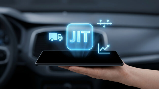 Just-In-Time Logistics Technology on Tablet Screen in Car Interior, JIT Supply Chain Management and Efficient Transportation Digital Concept